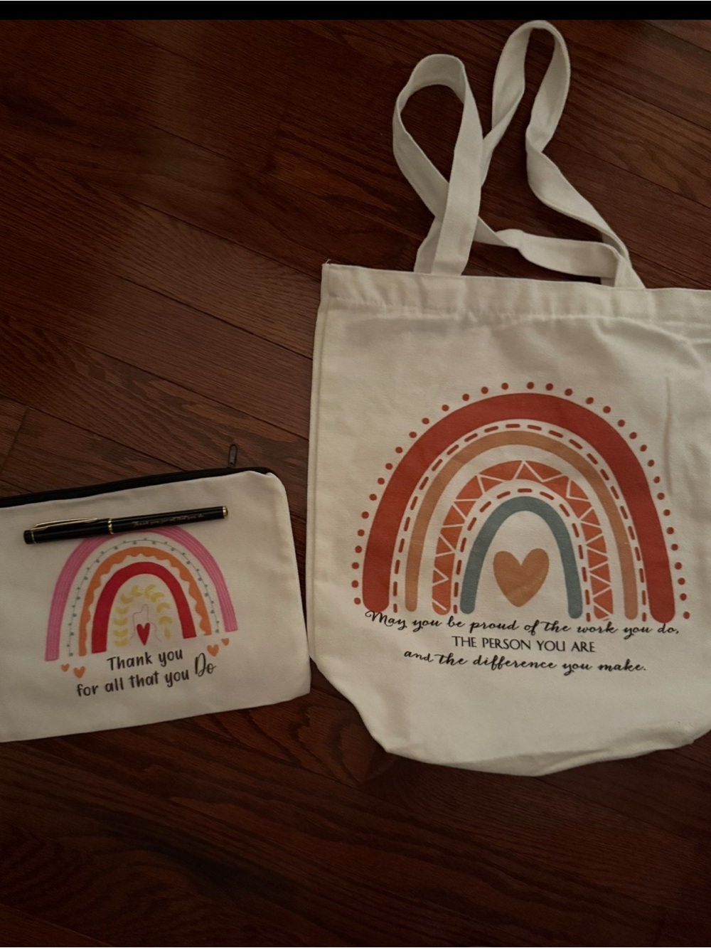 Canvas Rainbow Tote Bag and case with pen – Cream with Rust and Pink Accents